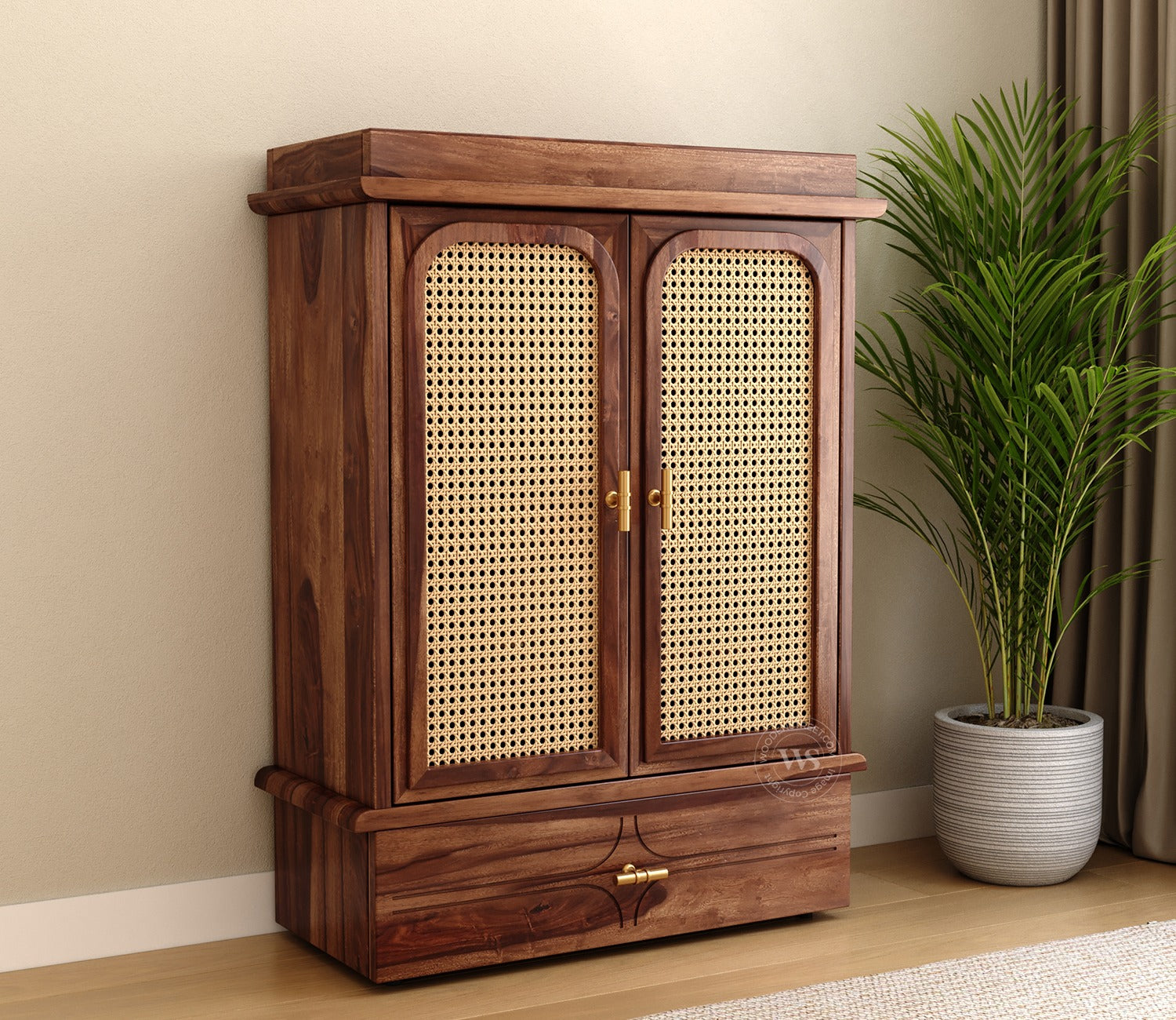 Amogh Sheesham Wood Home Temple with Cane Doors & Drawer Storage (Teak Finish)