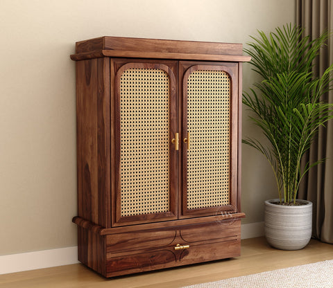 Amogh Sheesham Wood Home Temple with Cane Doors & Drawer Storage (Teak Finish)