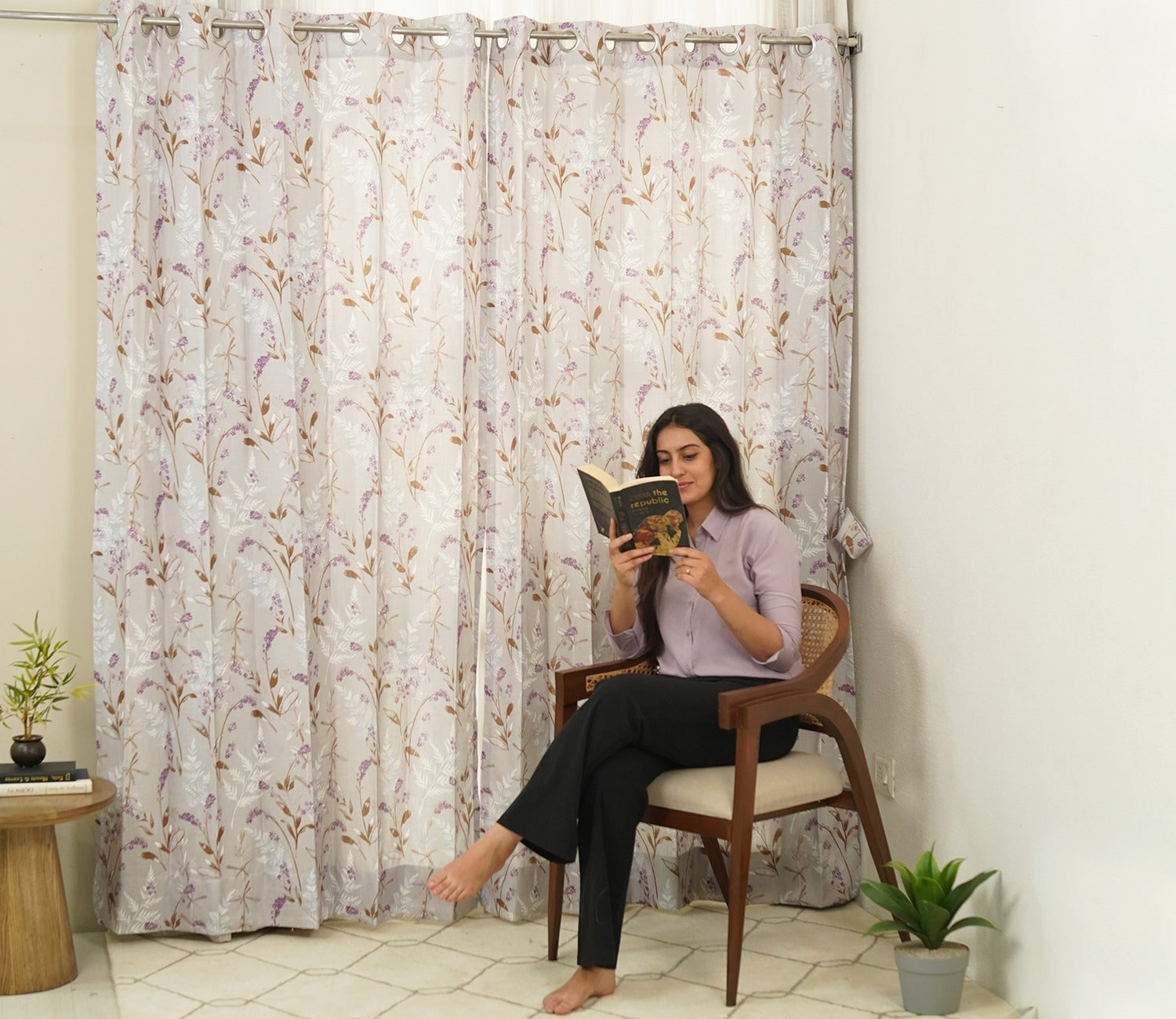 Fossil Daisy Uplands Floral Print Light-Filtering Door Curtains Set of 2 (Beige, 7 Feet)