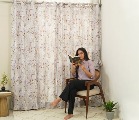 Fossil Daisy Uplands Floral Print Light-Filtering Door Curtains Set of 2 (Beige, 7 Feet)