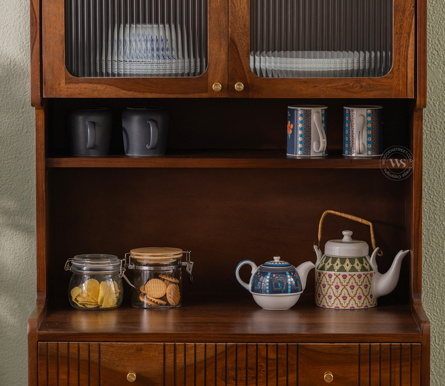 Sanchay Classic Kitchen Cabinet with Fluted Glass, Cane Weave & Brass Knobs (Teak Finish)