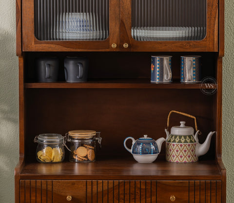 Sanchay Classic Kitchen Cabinet with Fluted Glass, Cane Weave & Brass Knobs (Teak Finish)