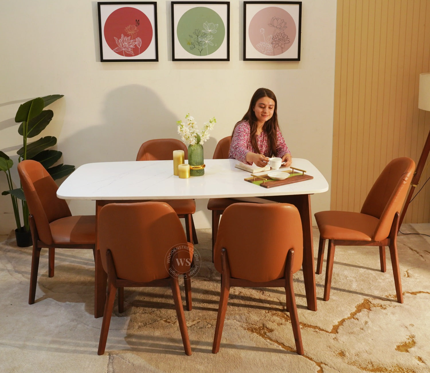 Valence 6 Seater Sheesham Wood Dining Set with Valence Quartz Top Table and Fressia Upholstered Chair (Teak Finish)