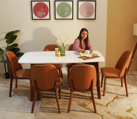 Valence 6 Seater Sheesham Wood Dining Set with Valence Quartz Top Table and Fressia Upholstered Chair (Teak Finish)
