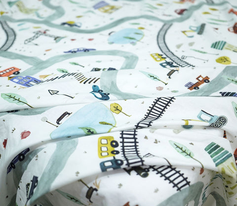 Train And Town Flat Cotton Kids Bed Sheet King Size with 2 Pillow Covers