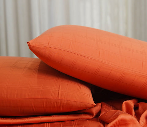 Dobby Checks Organic Bamboo 300 TC 2 Pillowcases and 1 Fitted Bedsheet (Orange, King Size)
