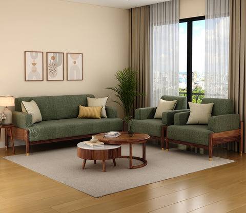 Kairav Modern 3+1+1 Wooden Sofa Set with Premium Upholstery (Sage Green)