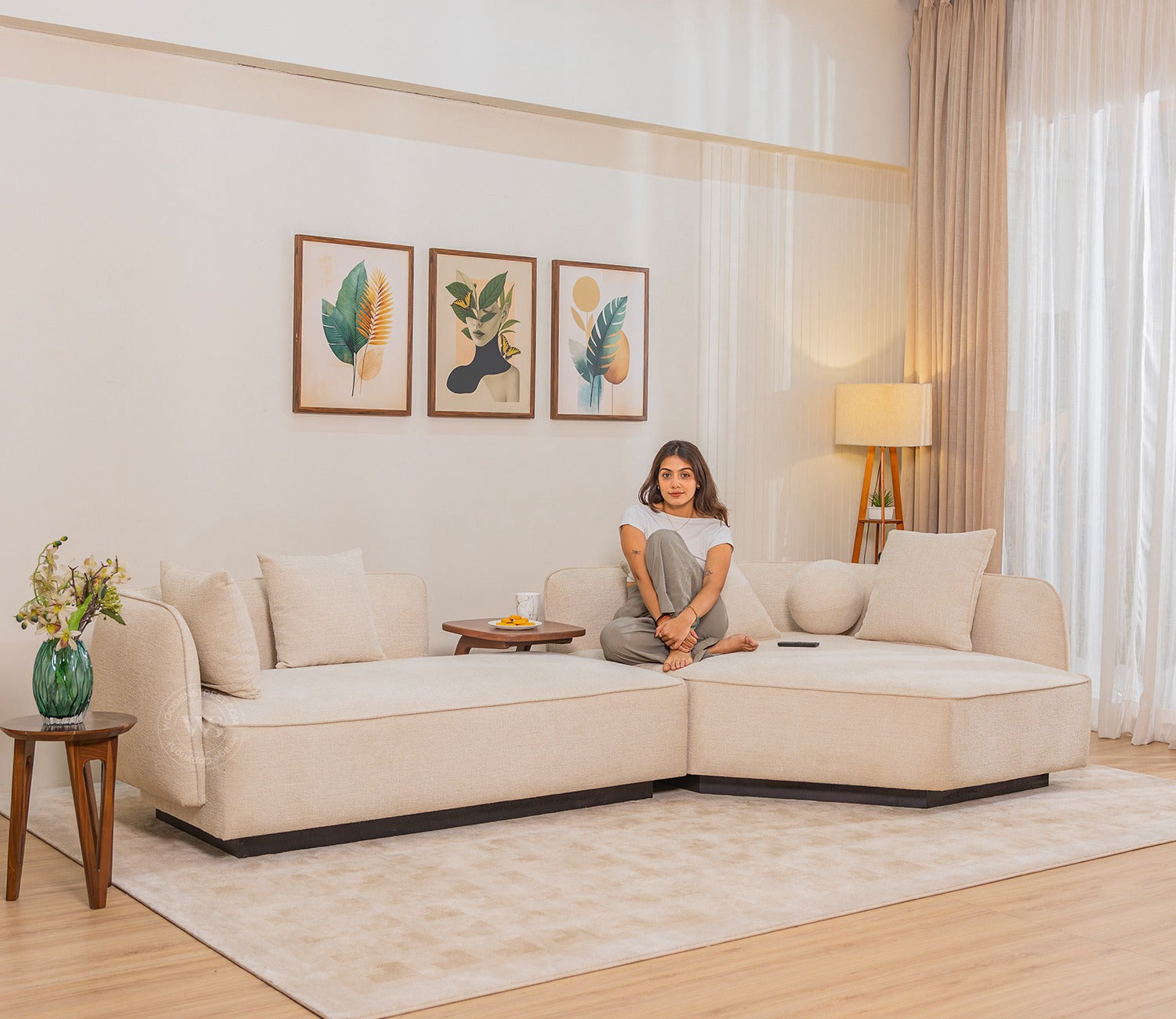 Float Premium Fabric Sectional Sofa with Movable Solid Wood Tray Table (Jade Ivory)