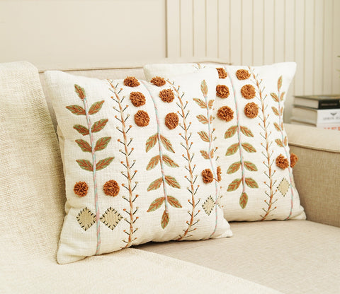Embroidered Cotton Cushion Covers Set of 2 (Brown,18 x 18 inch)