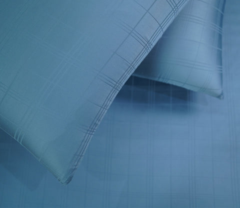 Dobby Checks Organic Bamboo 300 TC 2 Pillowcases and 1 Fitted Bedsheet (Blue, Queen Size)