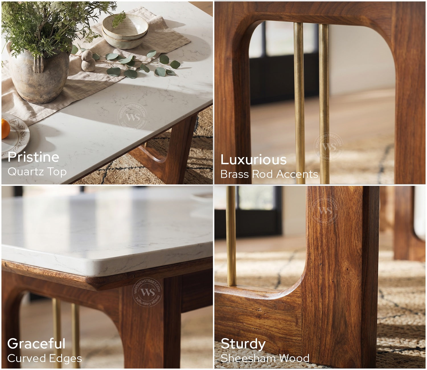 Kanak Designer 6 Seater Sheesham Wood Dining Table Set with Mishaan Quartz Top Table and Misha Chair (Teak Finish)