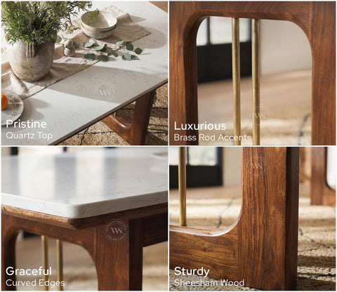 Kanak Designer 6 Seater Sheesham Wood Dining Table Set with Mishaan Quartz Top Table and Misha Chair (Teak Finish)