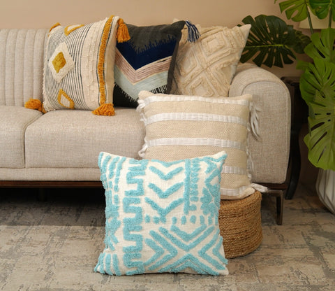 Cotton 100% Tufted Cushion Cover Set of 1 (Blue, 18 x 18 Inch)