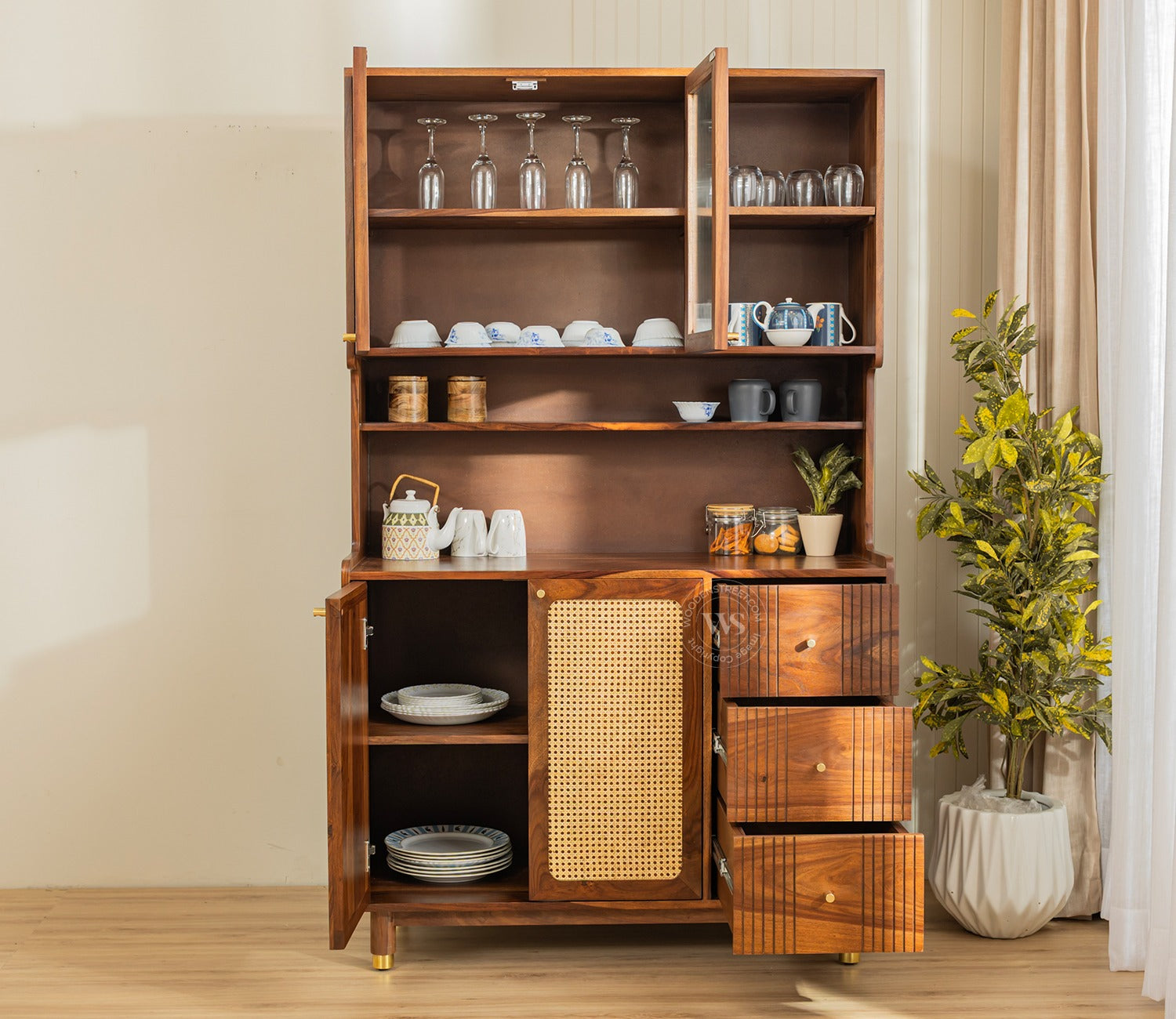 Tripti Classic Kitchen Cabinet with Fluted Glass, Cane Weave & Brass Knobs (Teak Finish)
