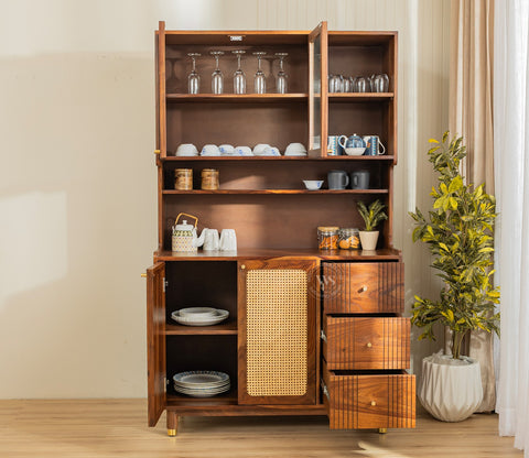 Tripti Classic Kitchen Cabinet with Fluted Glass, Cane Weave & Brass Knobs (Teak Finish)
