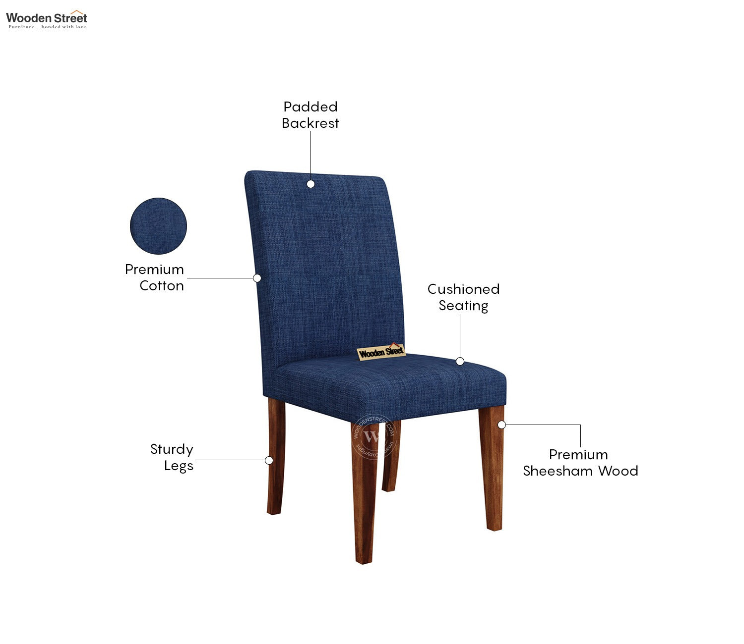 Gladys Sheesham Wood Premium Cotton Cushioned Dining Chair - Set of 2 (Cotton, Honey Iris Blue)