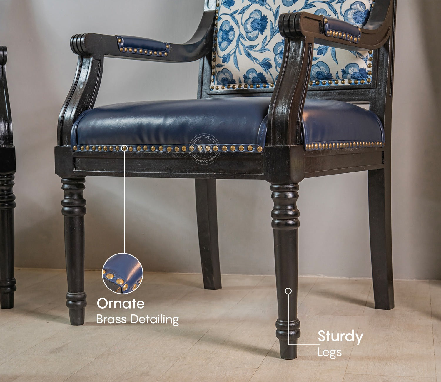 Heritage Dual Upholstery Sheesham Wood Arm Chair with Brass Detailing (Blue)