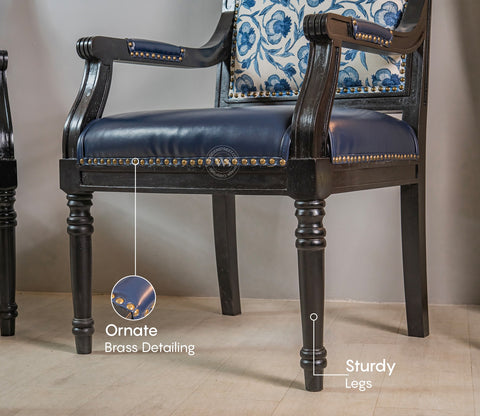 Heritage Dual Upholstery Sheesham Wood Arm Chair with Brass Detailing (Blue)