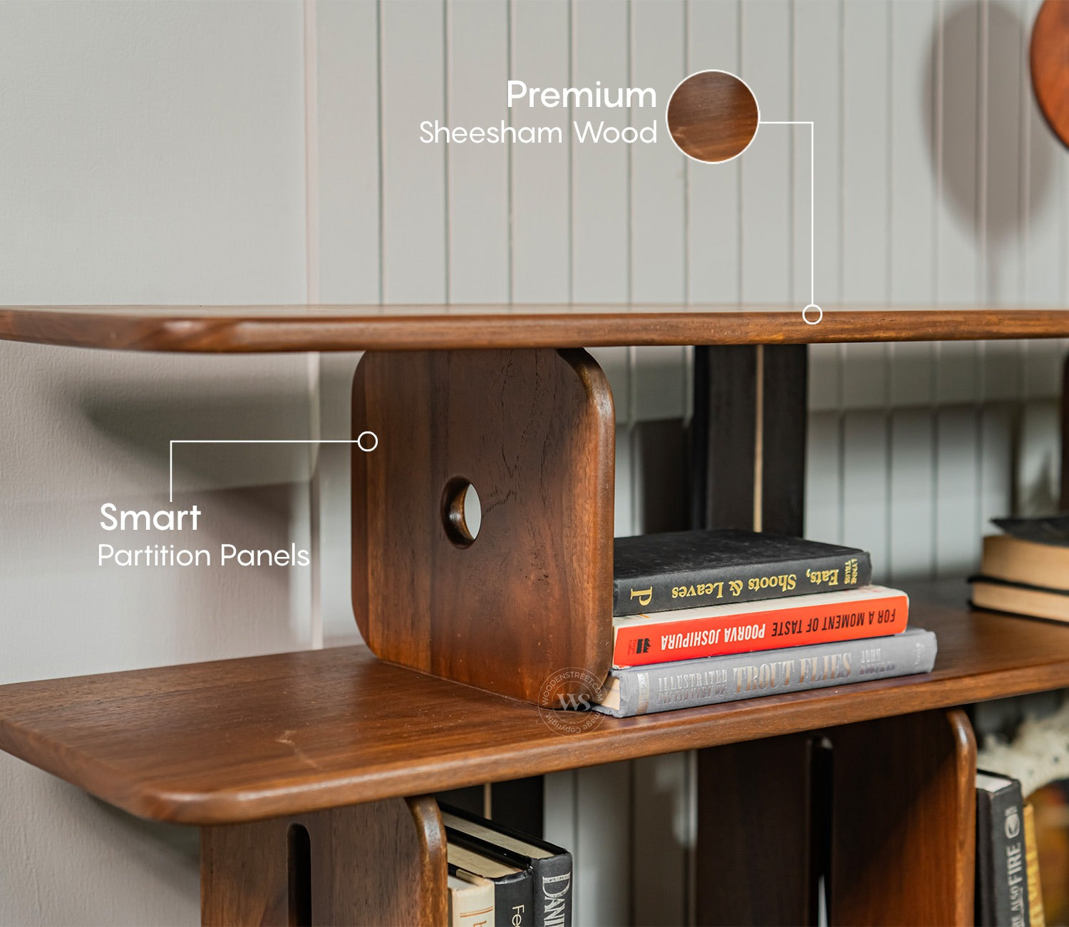 Crossroads Sheesham Wood Bookshelf with Multi-Level Open Storage (Teak Finish)