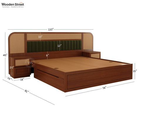 Serah Premium Ash Wood Bed with Cane & Velvet Headboard, Drawer Storage & 2 Modular Bedside Tables (King Size, Teak Finish)