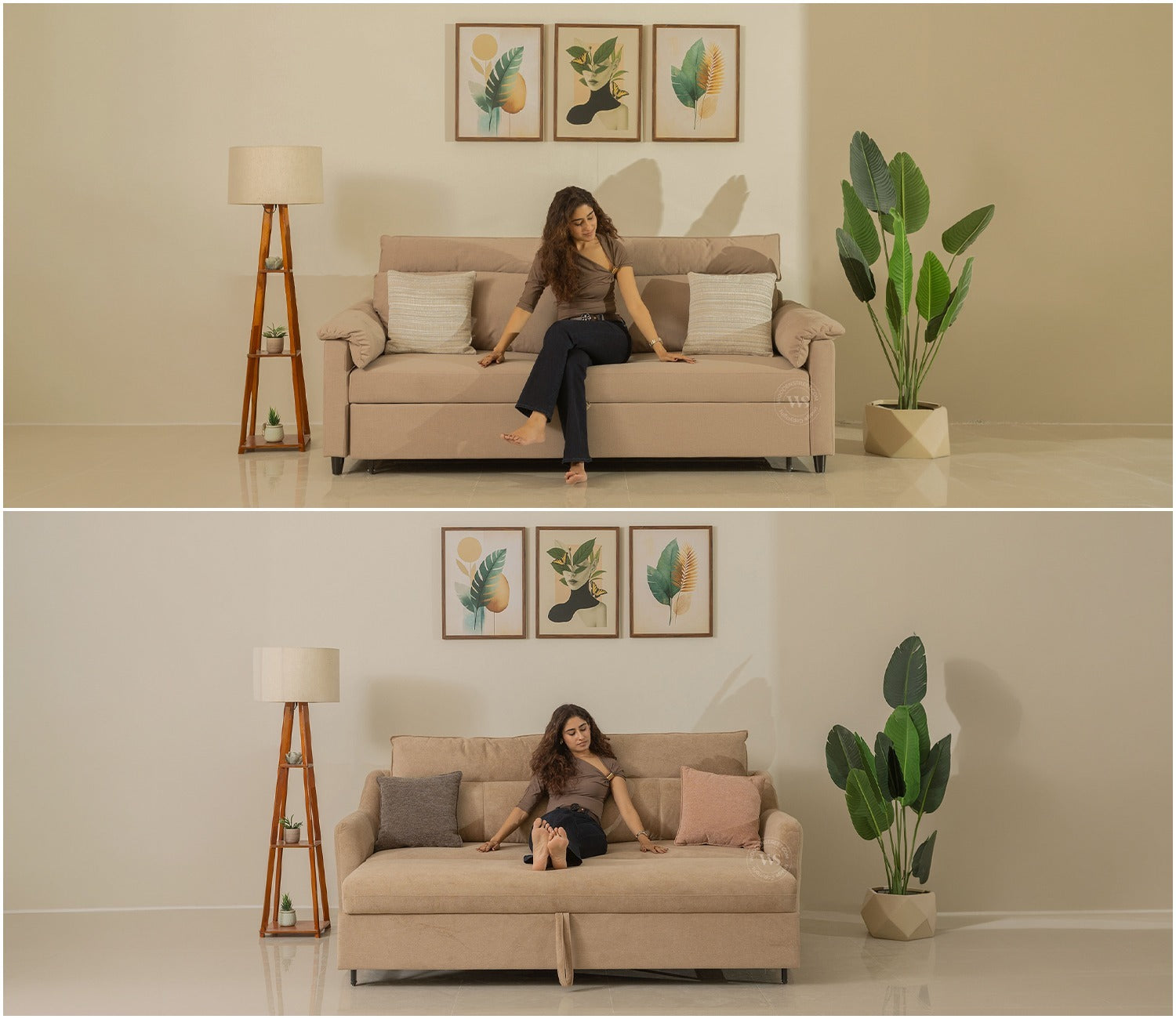 Tevo 3-Seater Sofa Cum Bed | Pull-Out Bed Mechanism | Fabric Upholstery (Beige)