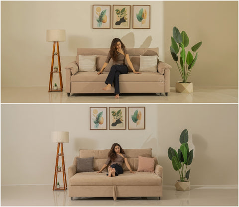 Tevo 3-Seater Sofa Cum Bed | Pull-Out Bed Mechanism | Fabric Upholstery (Beige)