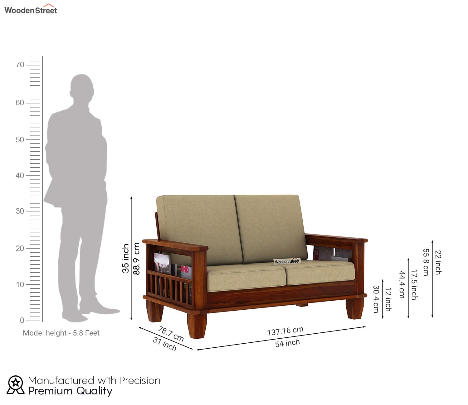 Quartz 2 Seater Wooden Sofa (Honey Irish Cream)