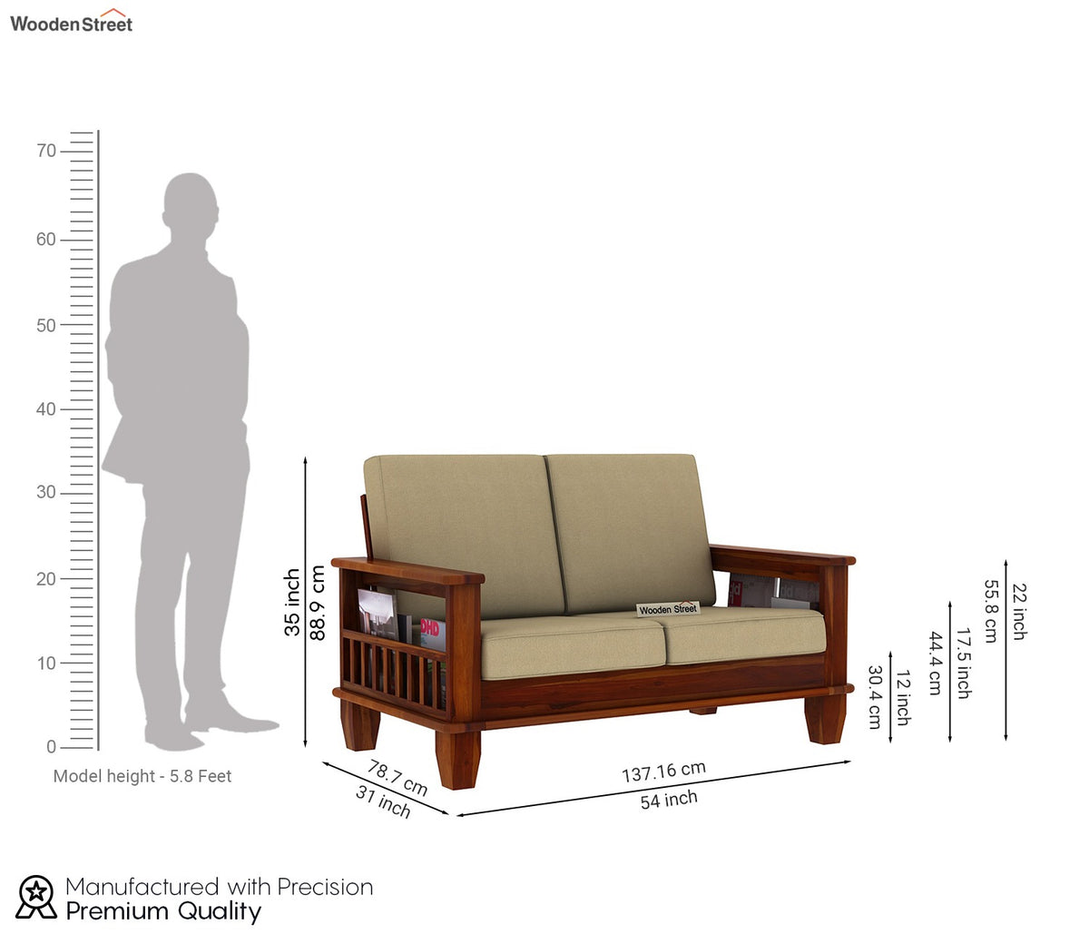 Quartz 2 Seater Wooden Sofa (Honey Irish Cream)