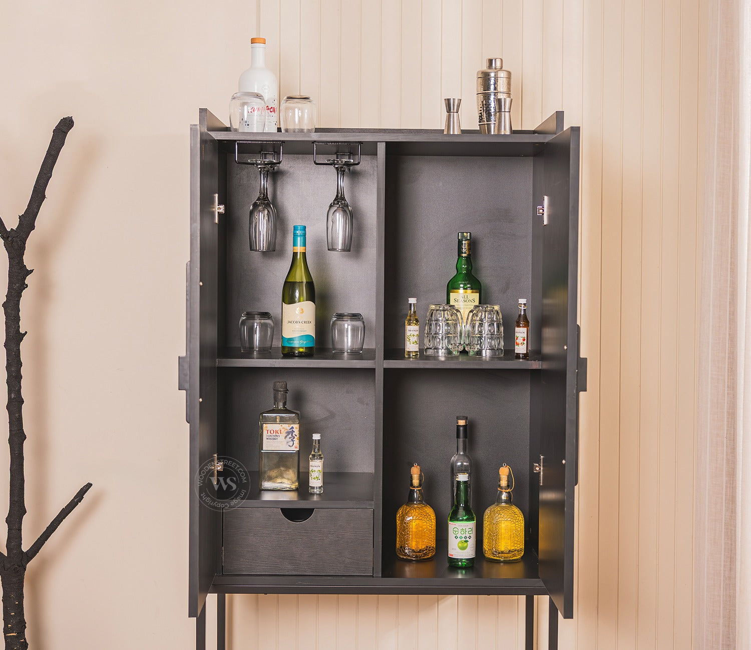 Mirella Modern Bar Cabinet with Textured Premium HDMMR Front (Patchwork Multi)