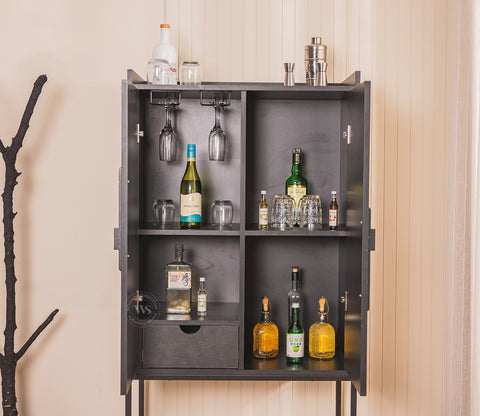 Mirella Modern Bar Cabinet with Textured Premium HDMMR Front (Patchwork Multi)