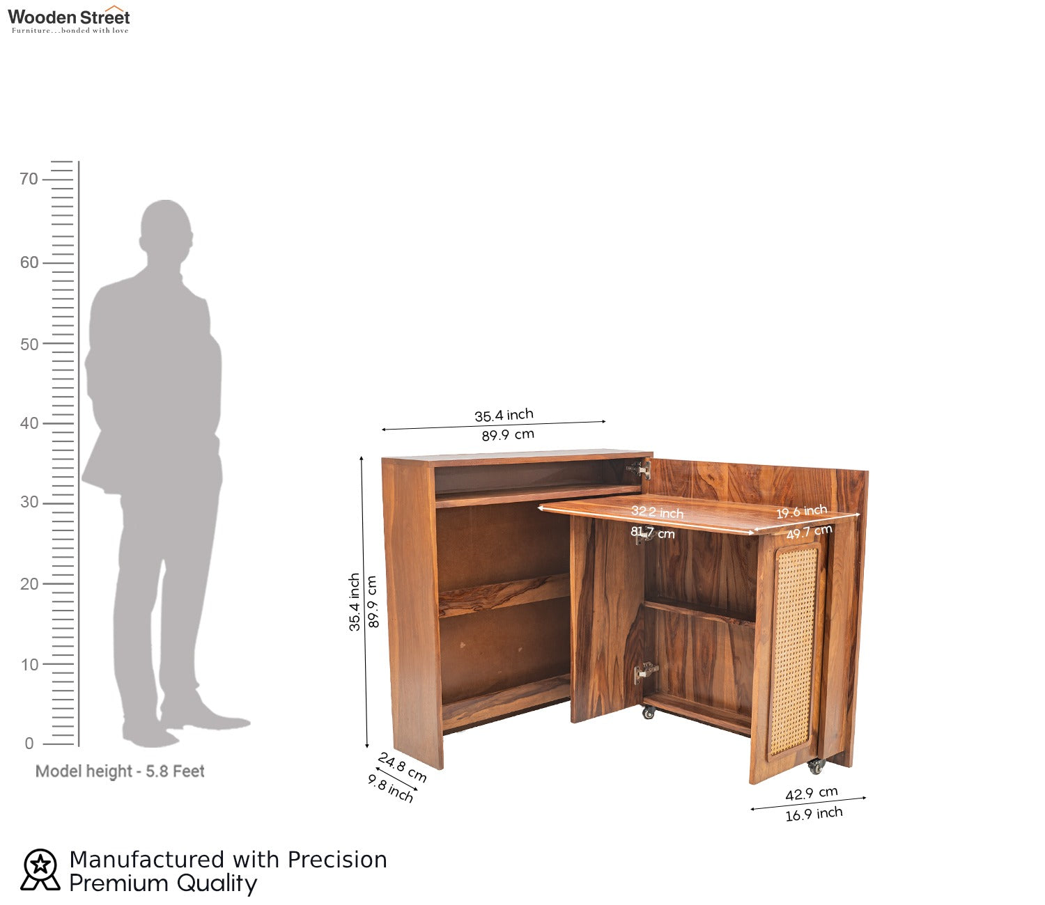 Vitara Premium Solid Wood Convertible Study Table With Hidden Storage, Cane & Brass Accents (Sheesham Wood, Teak Finish)