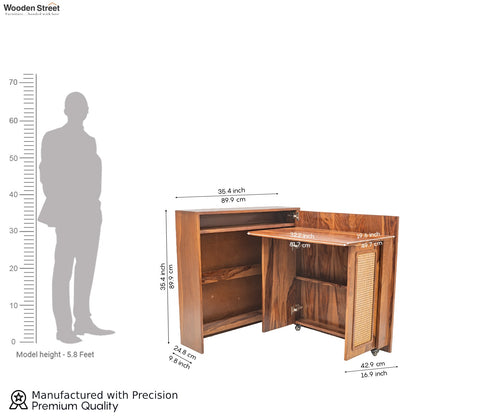 Vitara Premium Solid Wood Convertible Study Table With Hidden Storage, Cane & Brass Accents (Sheesham Wood, Teak Finish)