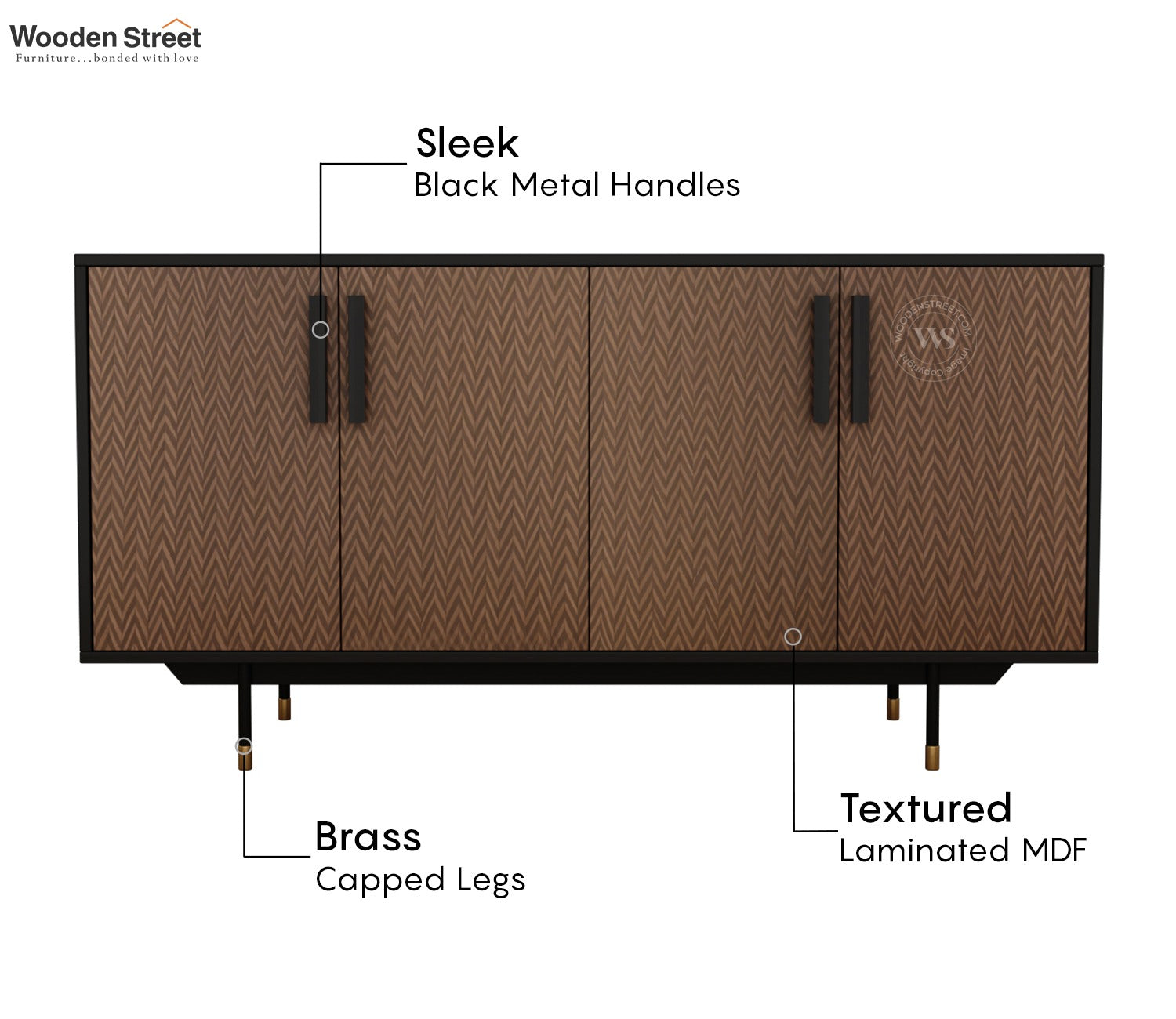 Benedict Modern 4 Door Sideboard & Cabinet with Elegant Zigzag Pattern & Matte Black Frame (Zigzag Brown)