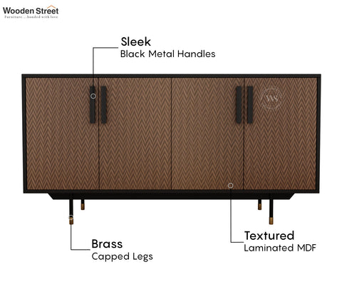 Benedict Modern 4 Door Sideboard & Cabinet with Elegant Zigzag Pattern & Matte Black Frame (Zigzag Brown)