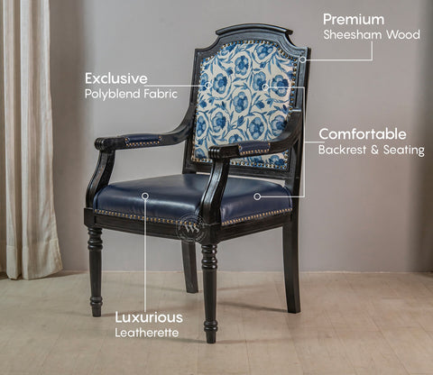 Heritage Dual Upholstery Sheesham Wood Arm Chair with Brass Detailing (Blue)
