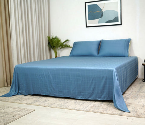 Vegan Dobby Organic Bamboo King Size Bed Sheet with 2 Pillowcases (Blue)