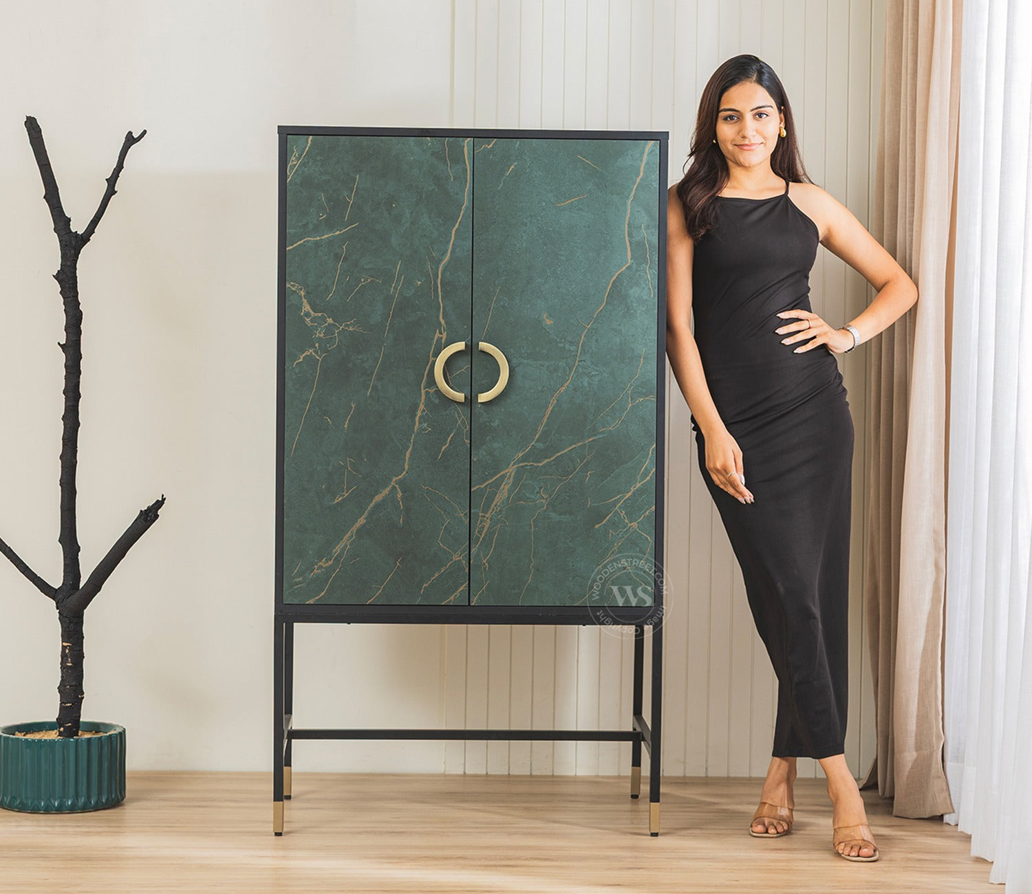 Orvion Modern Bar Cabinet with Textured Premium HDMMR Front (Marble Green)