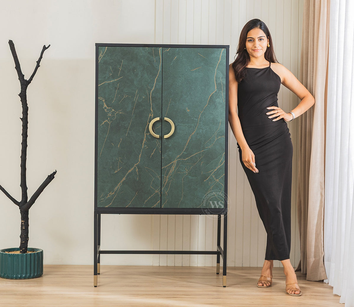 Orvion Modern Bar Cabinet with Textured Premium HDMMR Front (Marble Green)