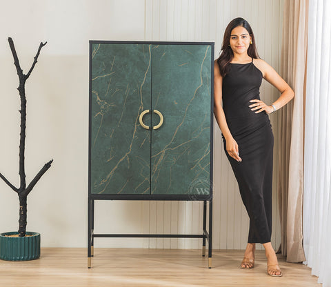 Orvion Modern Bar Cabinet with Textured Premium HDMMR Front (Marble Green)