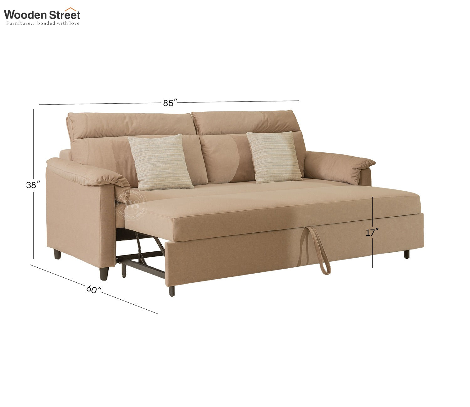 Bruna 3-Seater Convertible Sofa Cum Bed | Pull-Out Mechanism | Adjustable Backrest | Premium Fabric Upholstery | Space-Saving Design (Beige)