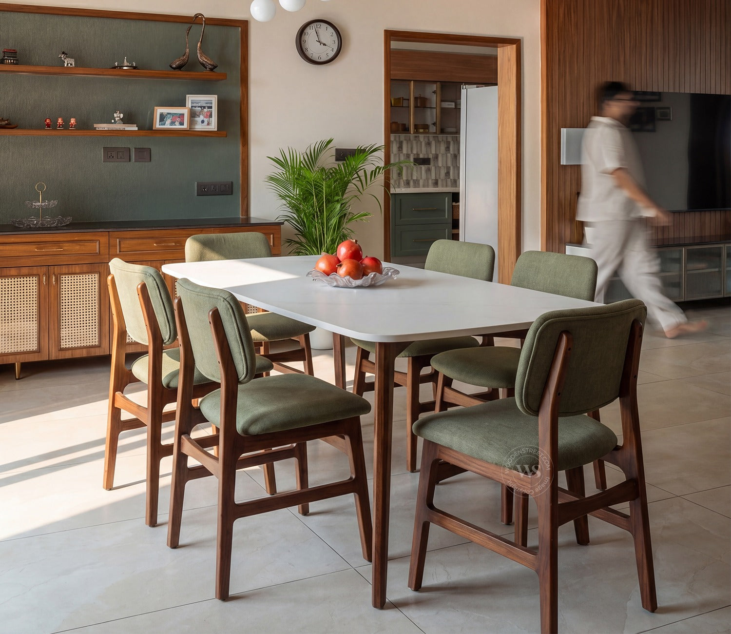Vivara 6 Seater Dinining Set with Valence Quartz-Top Table and Vinara Upholstered Chair (Sage Green)