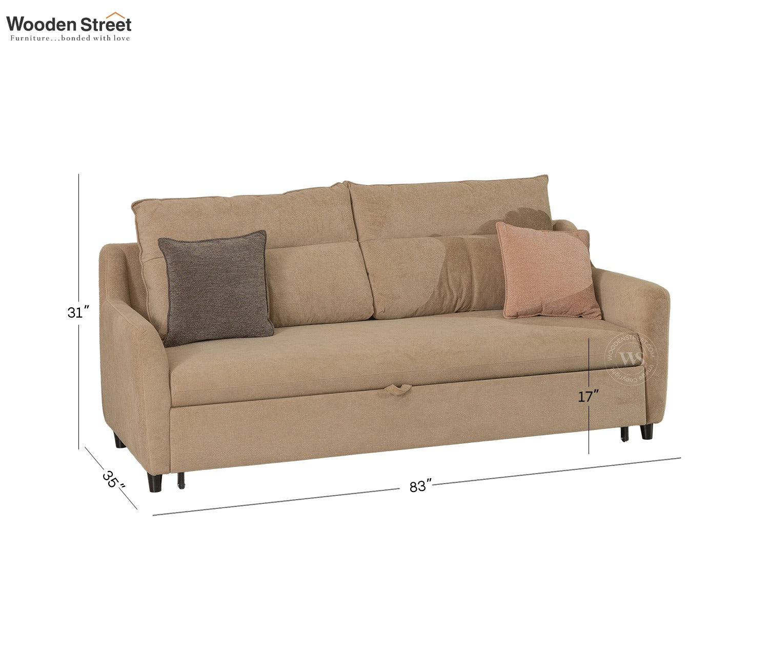 Tevo 3-Seater Sofa Cum Bed | Pull-Out Bed Mechanism | Fabric Upholstery (Beige)