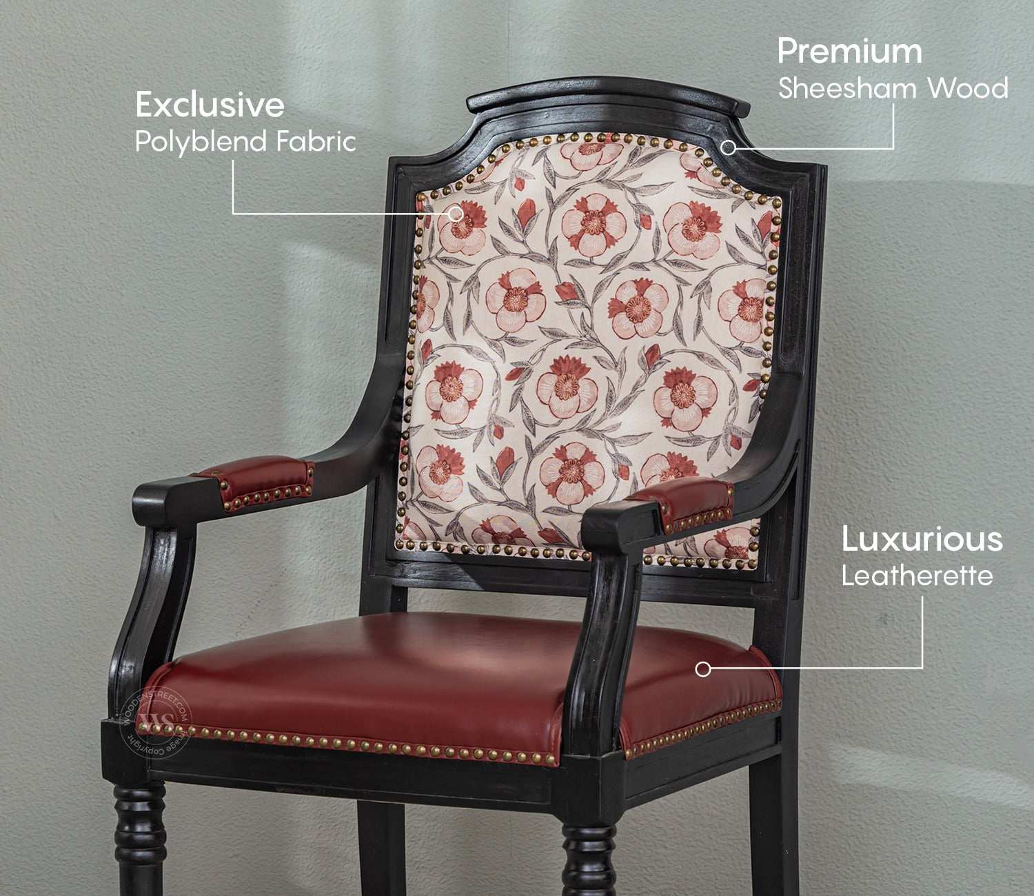 Heritage Dual Upholstery Sheesham Wood Arm Chair with Brass Detailing (Red)