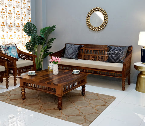 Alanis Wooden Sofa Set (Honey Finish)