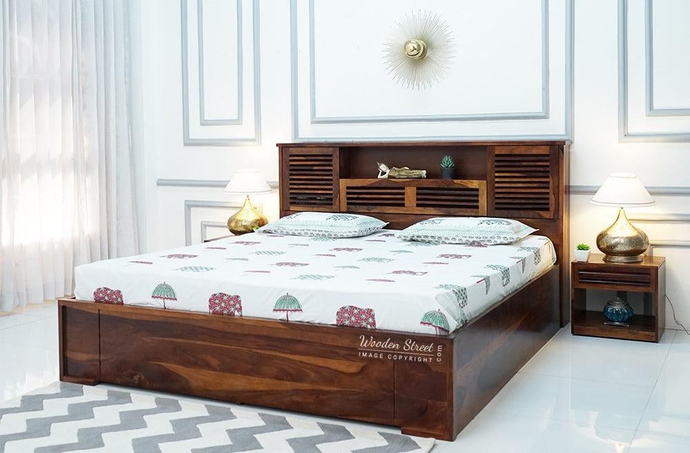 Ferguson Sheesham Wood Hydraulic Bed With Storage (Queen Size, Honey Finish)
