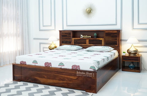 Ferguson Sheesham Wood Hydraulic Bed With Storage (Queen Size, Honey Finish)