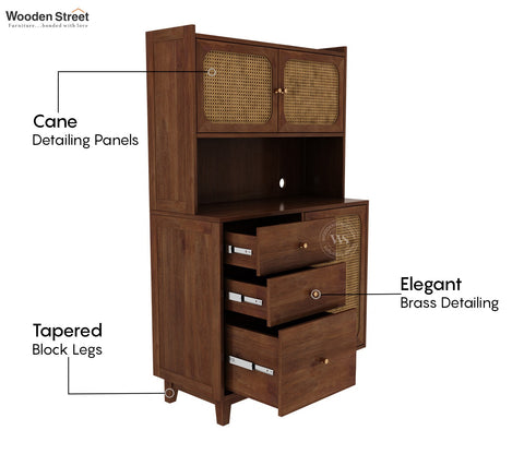 Divit Mango Wood Kitchen Cabinet with Cane Detailing & Brass Knobs (Teak Finish)