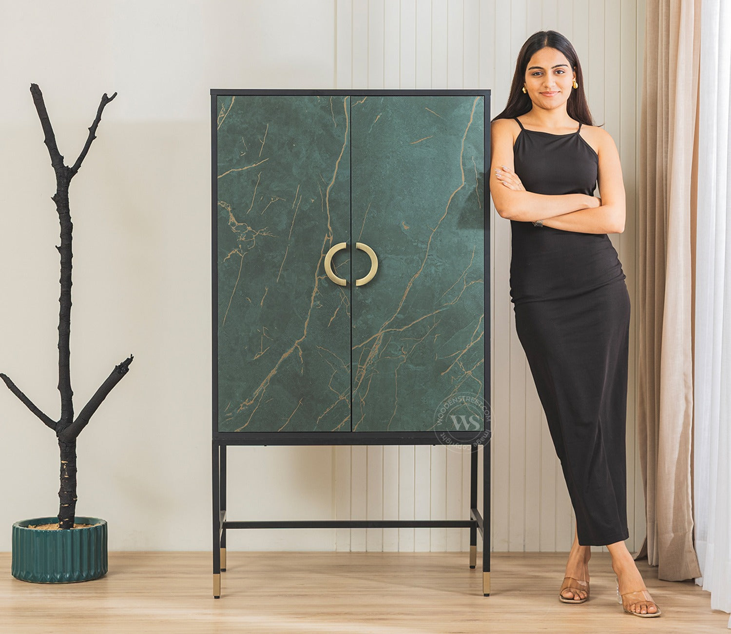 Orvion Modern Bar Cabinet with Textured Premium HDMMR Front (Marble Green)