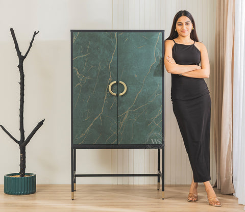 Orvion Modern Bar Cabinet with Textured Premium HDMMR Front (Marble Green)