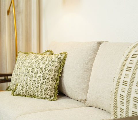 Vedic 3 Seater Sheesham Wood Sofa With Cane and Brass Detailing (Teak Finish, Jade Ivory)